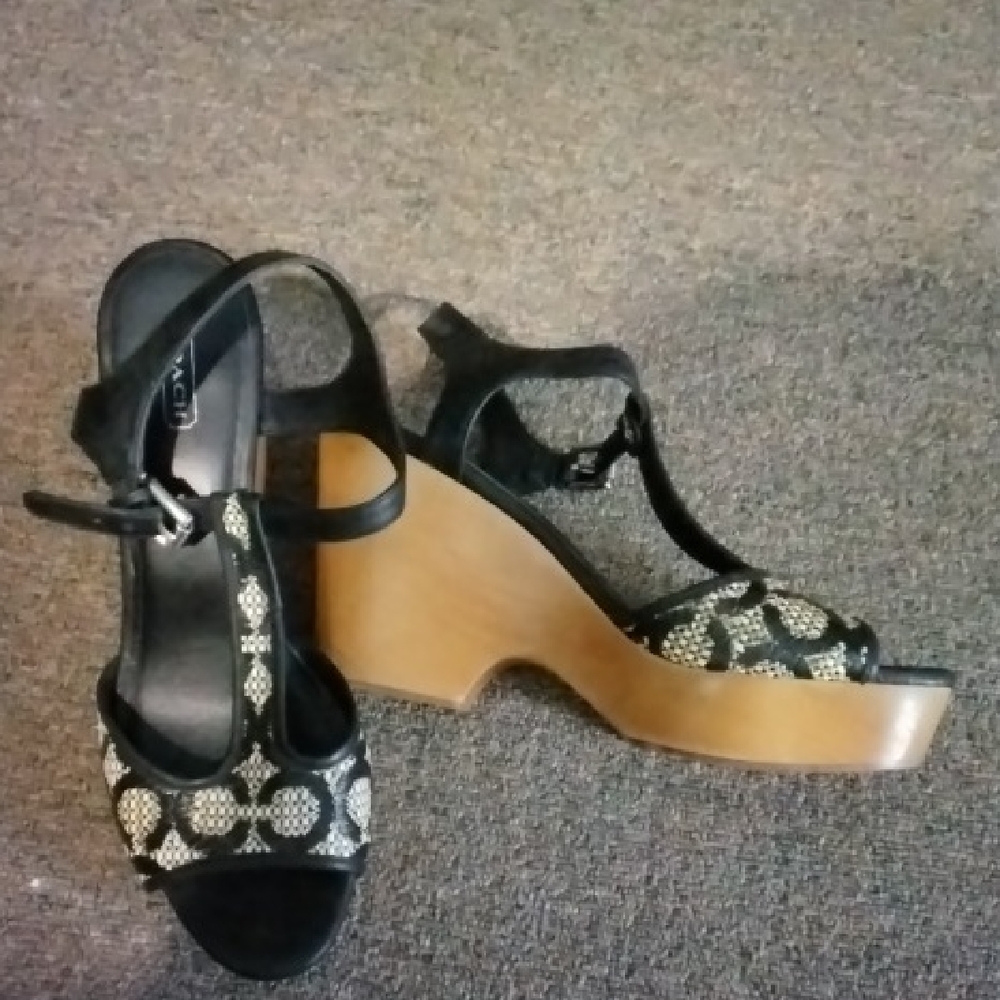 Coach Black and Tan Patterned Wedges